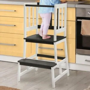 COSYLAND Torre de Aprendizaje Montessori Bambú Blanco/Negro